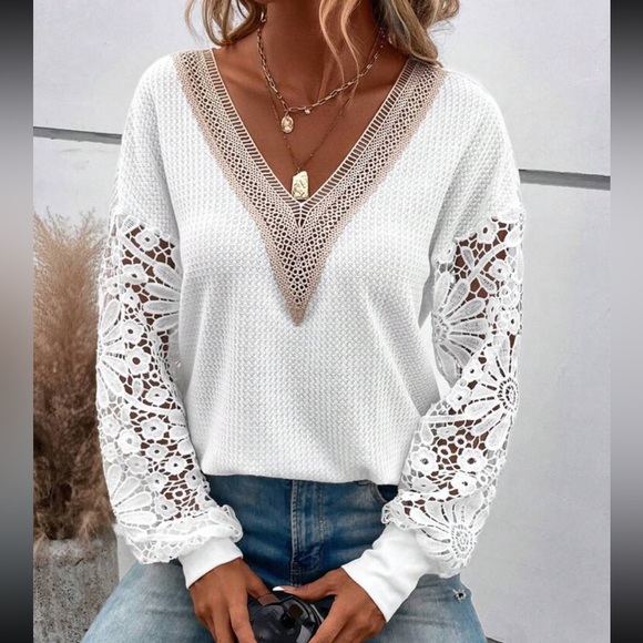 Classic Elegant Sheer Mesh Lace Waffle Knit Long Sleeve Top Shirt - Picture 9 of 11